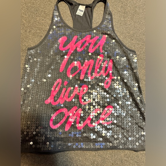 Victoria's Secret Tank Top Racerback. Gray. PINK. Sequins You Only Live Once L - Picture 2 of 8